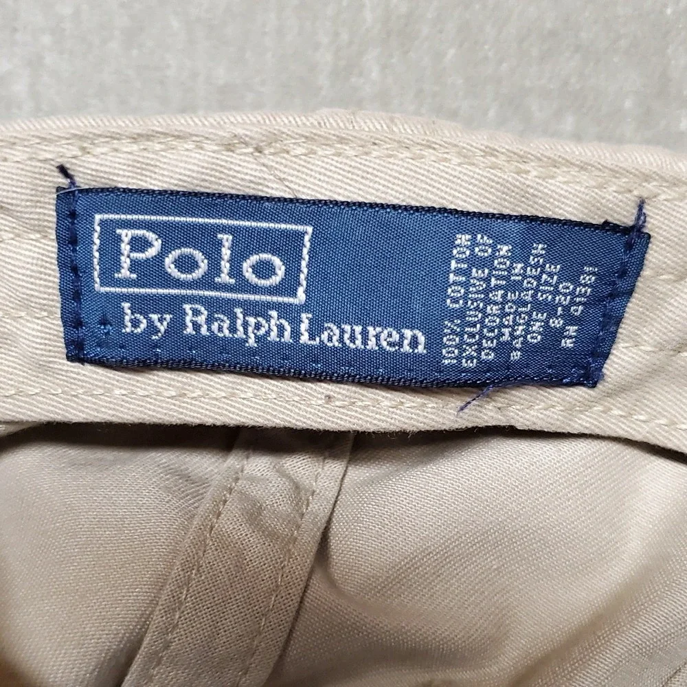 VTG 90s Polo Ralph Lauren Mens Tan Chino Cotton Baseball Cap Navy Pony Logo Hat